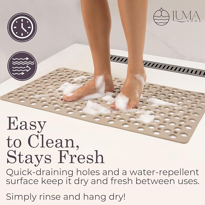 Beige Non Slip Shower Mat and Bathtub Mat TPE Strong Suction Cups Aesthetic Bath Mat for Inside Shower with Soft Texture, Quick-Dry Drain Holes, Spa-Inspired Design 30x17” (75x43 cm)