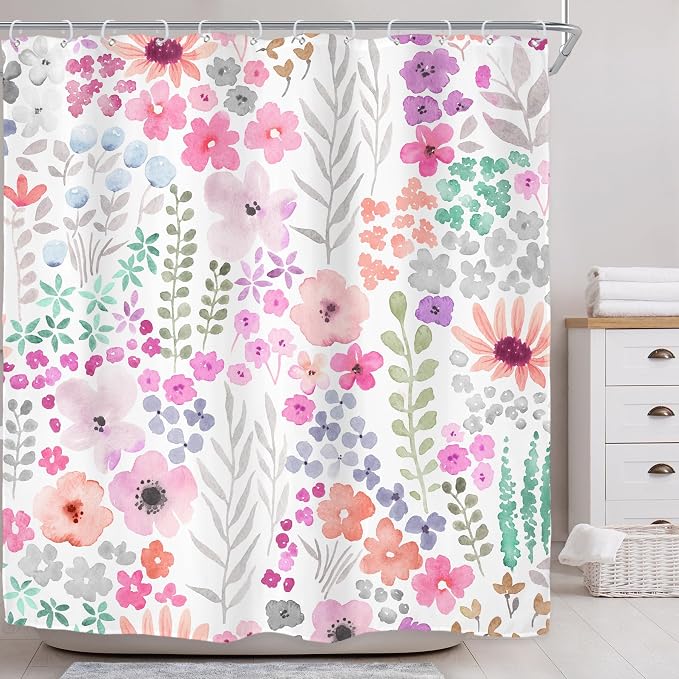 Hot Pink Floral Purple Colorful Cute Funny Art Bathroom Shower Curtain Set | 72"W x 72"H Botanical Leaves; waterproof HD print, quick-dry fabric with 12 hooks for easy hanging.