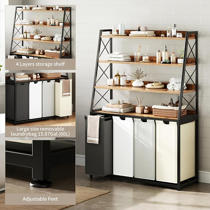 Herture Laundry Basket, 4 Section Laundry Hamper with 4 Tiers Shelf, Pull-Out and Removable Laundry Bags, Large 4 x 15.87 Gallons, for Laundry Room Bathroom Rustic Brown PF12XLN