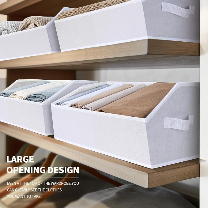 Closet Baskets for Shelves Trapezoid - Decorative Storage Baskets with Handle, Closet Bins for Organization, Shelf Storage Bins for Clothes, Books, Home, Office, 4 Pack, White