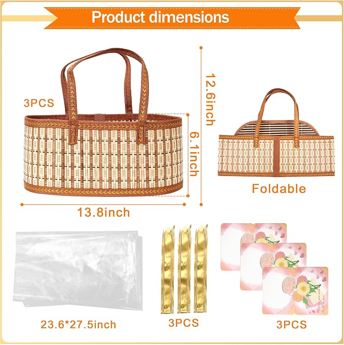 Orchidleaf 3 Set Baskets for Gifts Empty, Woven Bamboo gift baskets empty | Cellophane Wrap for Gift Baskets Empty Gift Baskets to Fill for Baby Baptisms, Mother's Day, Christmas, Housewarming