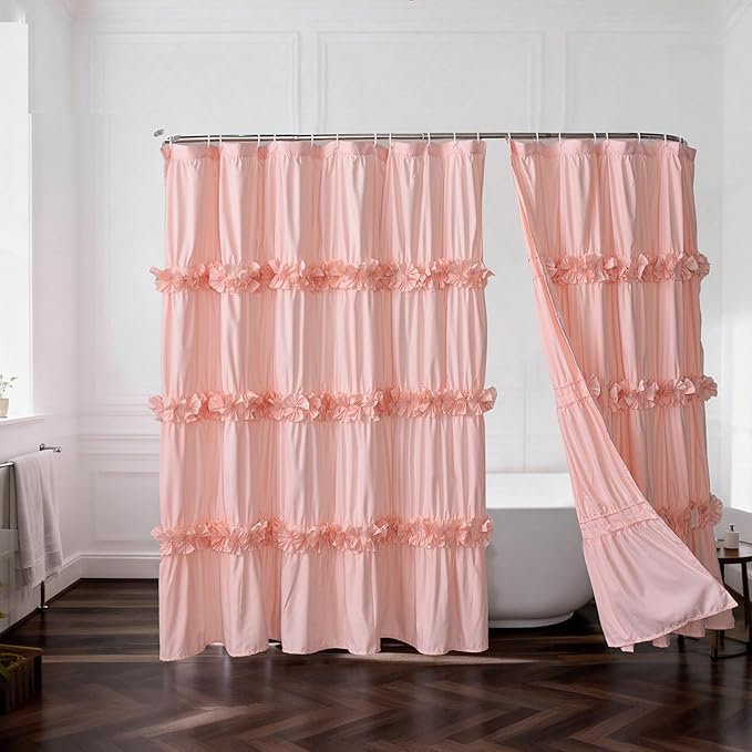 2-Piece Peach Shower Curtain, 72" W x 72" H x 2 Panels | Soft Fabric Double Panels for Easy Access, Cozy Brushed Texture, Ruffle Design, Everyday Bathroom Décor (LQ-44)