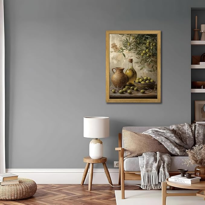 Wood Framed Olive Kitchen Wall Art, Vintage Rustic Still Life Canvas Print, Green Olives Poster Print Picture, Fruit Wall Decor Painting for Dining Room Cafe Restaurant Farmhouse Home Decor 16x24 inch