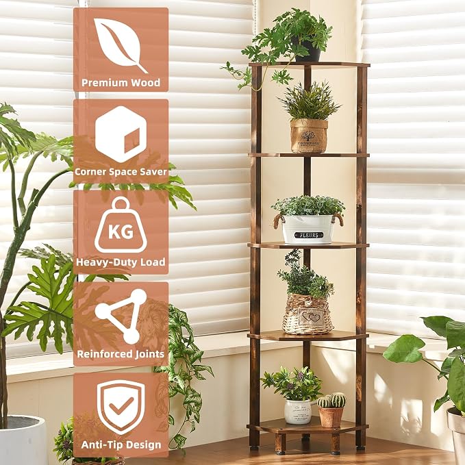 YUFAM 5-Tier Corner Shelf, Brown | Wooden Corner Bookshelf for Small Spaces, Corner Standing Shelf with Sturdy 5-Leg Base