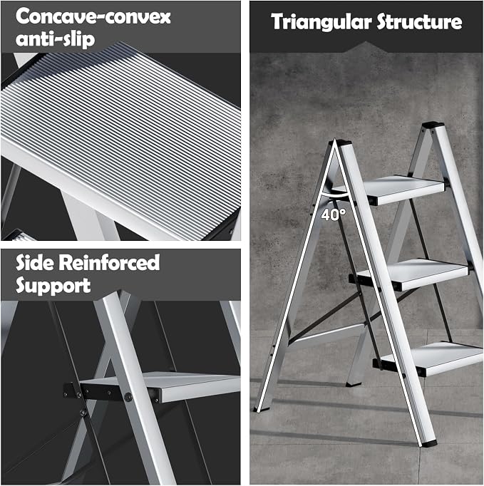 Taranta 3 Step Stool Foldable,Aluminum Step Ladder-Sliver | Lightweight,Wide Anti-Slip Pedals,Folding Step Stool,330lbs Capacity for Household,Kitchen,Office