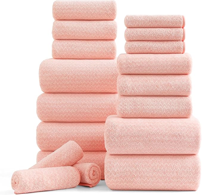 Ycosy 18 Piece Bath Towels Set,100% Microfiber Family Bathroom Towel with Hanging Loops-6 Bath Towels,6 Hand Towels,6 Washcloths,Quick Dry Highly Absorbent Shower Towel for Bathroom,Hotel,Spa-Pink