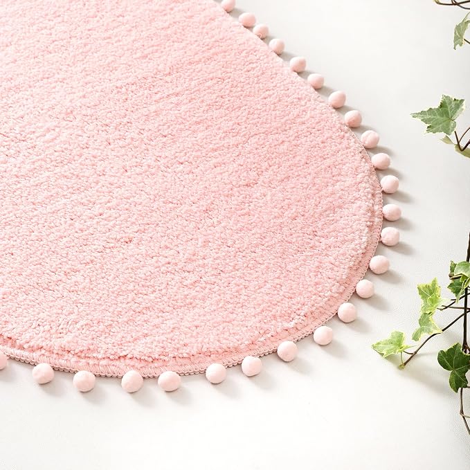 YIRDDEO Oval Rug for Bathroom, Cute Boho Bath Mat with Pom, Blush | Soft Plush, Absorbent, Quick Dry, Machine Washable, Non Slip Bath Mat for Bathroom Shower Floor Home Decor