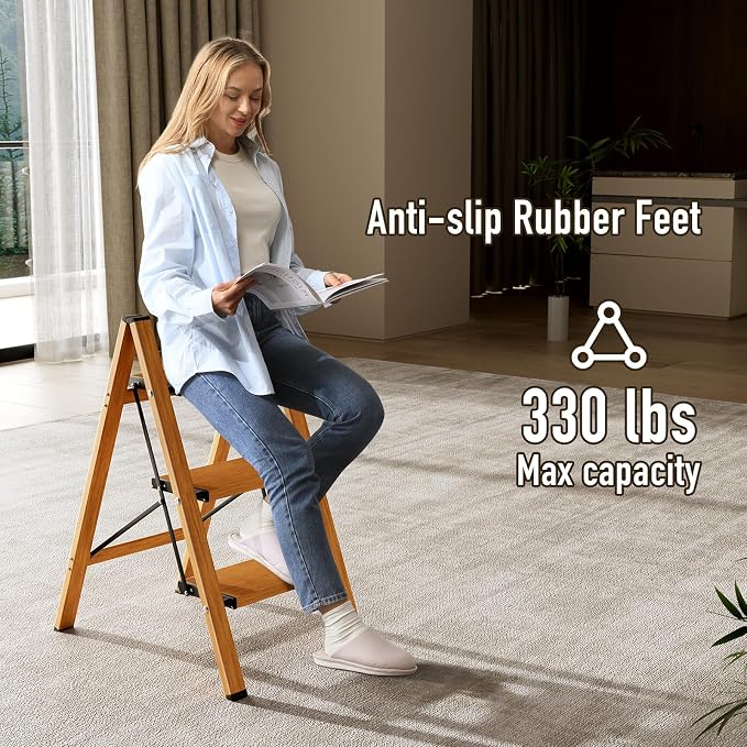 Mayi Plus 3 Step Stool Foldable, Aluminum, Lightweight Step Ladder | Extra-wide anti-slip folding steps with 330 lbs, for home,kitchen,office,outdoor,Woodgrain