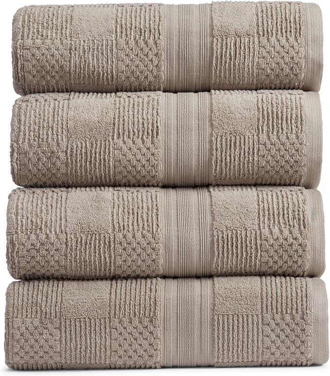 100% Cotton Bath Towel Set | 4-Pack | Textured | Brown | Luxury Geometric Design | Absorbent & Quick-Dry Bathroom Towels | Textured and Durable Cotton Towels for Bathroom | OEKO-TEX