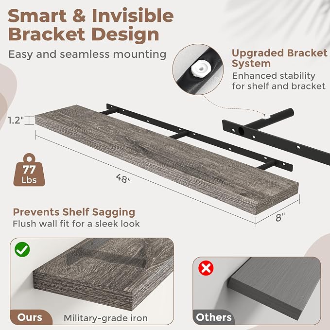48 Inch Floating Shelves for Wall 2 Pack, 8"D Wood Grain Bathroom Shelves | Invisible Brackets, Grey Oak Finish, Easy Install | Engineered Wood Storage Shelves for Kitchen, Study, Bedroom
