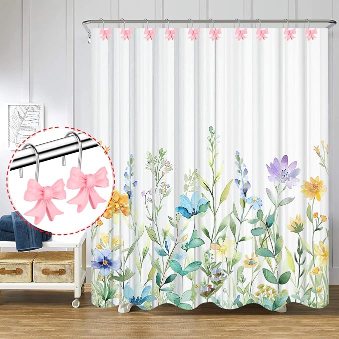12 pcs Bow Knot Shower Curtain Hooks,Home Decorative Shower Curtain Rings | Anti Rust Hooks for Bathroom,Resin Shower Curtain Hangers Bathroom Accessories (Pink)
