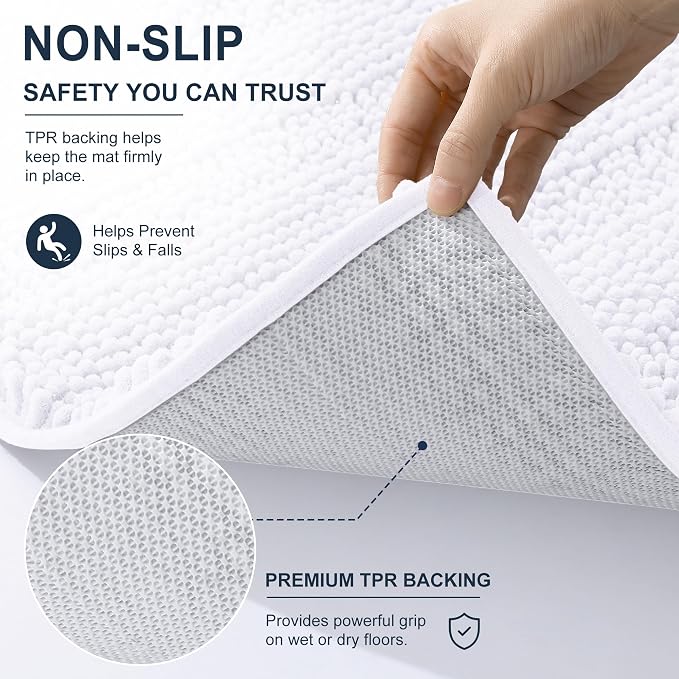 Smiry Thick Chenille Bathroom Runner Rugs 59x20, Absorbent Bath Mat, White | Quick‑Dry & Machine Washable, Non‑Slip Bath Carpet, Soft Striped Bath Rugs for Tub & Shower, Modern Home Decor Accessories