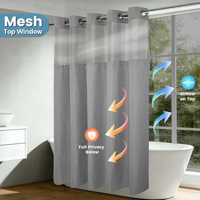 EUTXL Heavyweight No Hook Shower Curtain with Liner, Grey,71x92 | Snap in Liner, 256GSM Thick Waffle Fabric, Hotel Luxury Spa, Corner Magnets, Quick Dry, Waterproof & Washable, Extra Tall