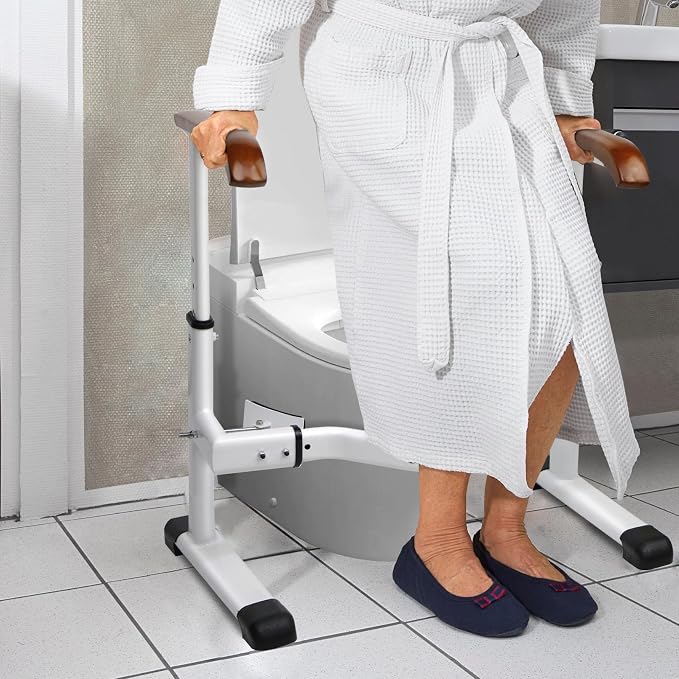 Toilet Safety Rails for Elderly with Solid Wood Handles, Heavy Duty Thickened Toilet Safety Frame, 520 LBS Capacity, Adjustable Height & Width, Handles for Seniors & Disabled