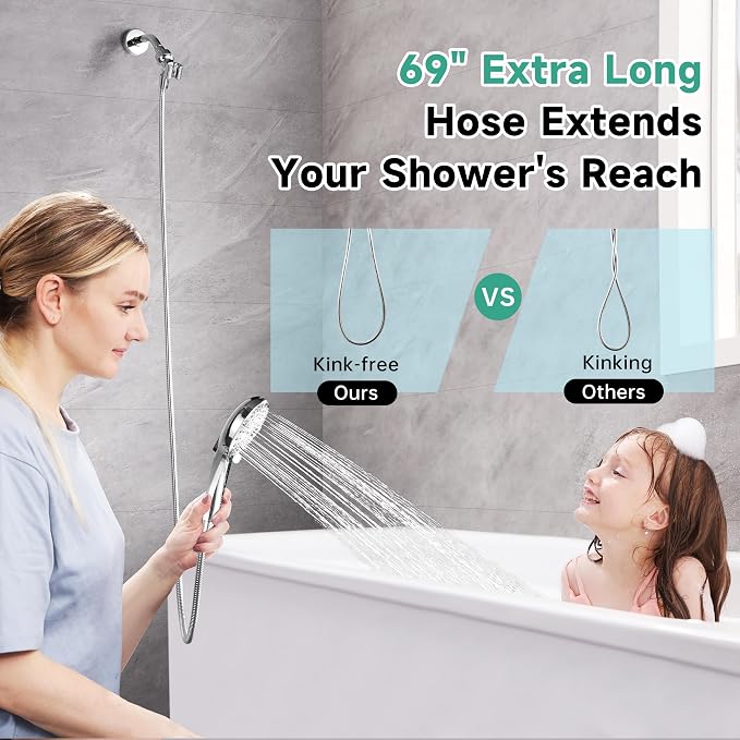 BRIGHT SHOWERS High Pressure Shower Head with Handheld, 9 Spray Settings Showerhead Built in Power Wash to Clean Tub and Pets, Extra Long 69" Hose, Adjustable Bracket, Chrome