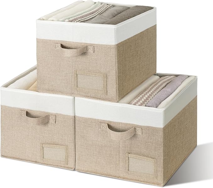 GRANNY SAYS Closet Storage Bins with Label, Khaki&Ivory, Large, 3-Pack | Closet Storage Bins, Large Fabric Storage Bins, Collapsible Clothing Storage and Organization, Decorative Storage Bins