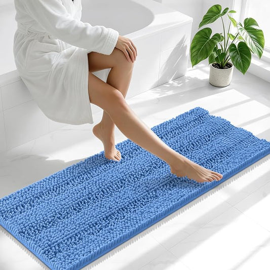 Smiry Thick Chenille Bathroom Runner Rugs 47x17, Bath Mat, Cornflower Blue | Quick‑Dry & Machine Washable, Non‑Slip Bath Carpet, Soft Striped Bath Rugs for Tub & Shower, Modern Home Decor Accessories
