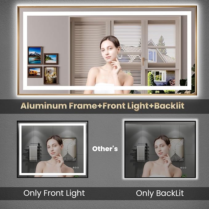 60"X36" LED Bathroom Mirror with Front Lit and Backlit(Brushed Gold) | Metal Framed Mirror, Stepless Dimmable, Anti-Fog, HD Reflection, Shatter-Proof, Memory, 3 Colors, Double LED Vanity Mirror.