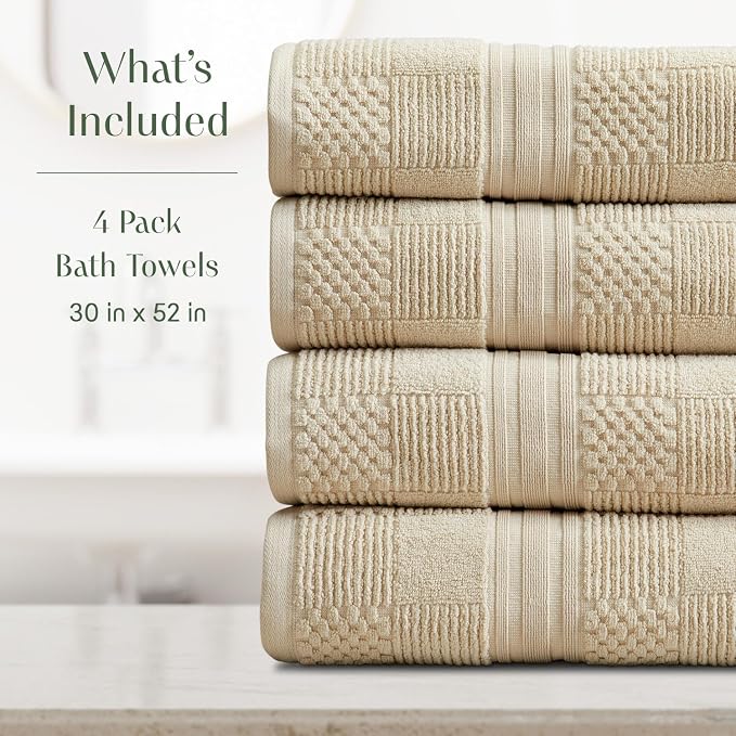 100% Cotton Bath Towel Set | 4-Pack | Textured | Beige | Luxury Geometric Design | Absorbent & Quick-Dry Bathroom Towels | Textured and Durable Cotton Towels for Bathroom | OEKO-TEX
