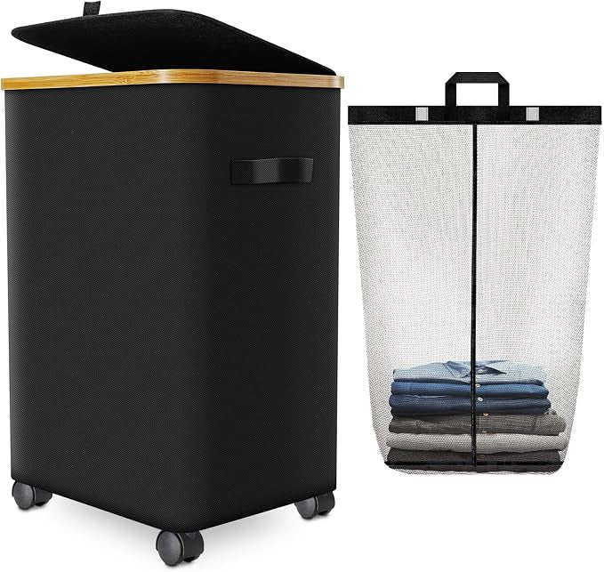 Laundry Hamper with Wheels,20 Gal (75L) Laundry Basket with lid Rolling Clothes Hamper Foldable Dirty Clothes Basket on wheels with Bamboo Frame and Bag for Bedroom, Dorm, Laundry Room-Black | Clothes Hampers for Laundry with Inner Bag, Dirty Clothes H...