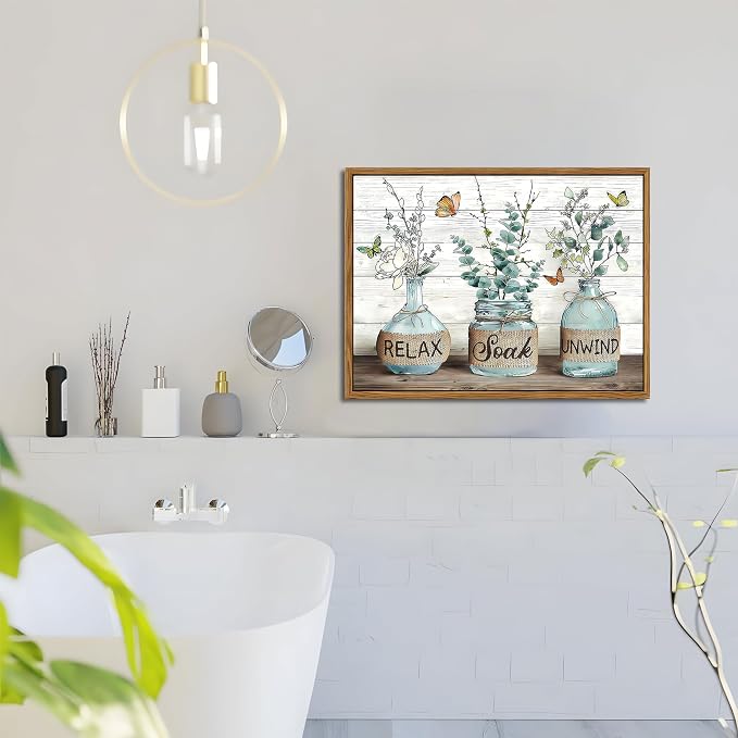 Framed Farmhouse Bathroom Decor Wall Art, Green Botanical Rustic Cotton Pictures Canvas Wall Decor Paintings, Country Relax Soak Unwind Sign Artwork Posters Prints for Bathroom 12x16 Inch
