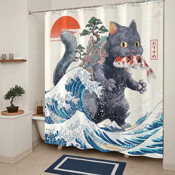 Accnicc Funny Black Cat Shower Curtain for Bathroom 72 X 72 Inch | Fun Cool Cat Shower Curtains, Japanese Ocean Wave Kids Bath Curtain Decor, Water-Resistant Washable Polyester Fabric