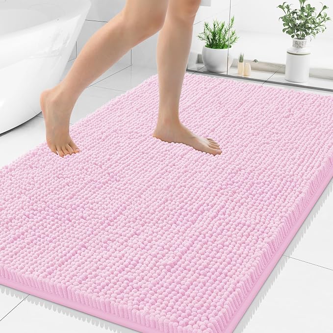 Smiry Bathroom Rugs 40X32, Luxury Chenille Extra Soft Absorbent Bath Mat | Pink, Machine Washable Non-Slip Plush Bath Mats for Bathroom, Tub, Shower, and Floor, Home Décor