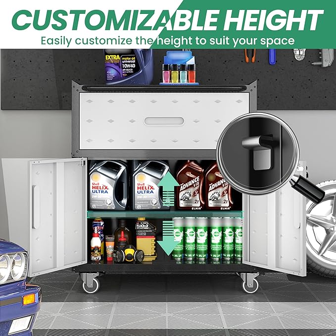 Garage Storage Cabinet System,Wall Cabinet & Locking Rolling Tool Cabinet with Doors and Adjustable Shelves