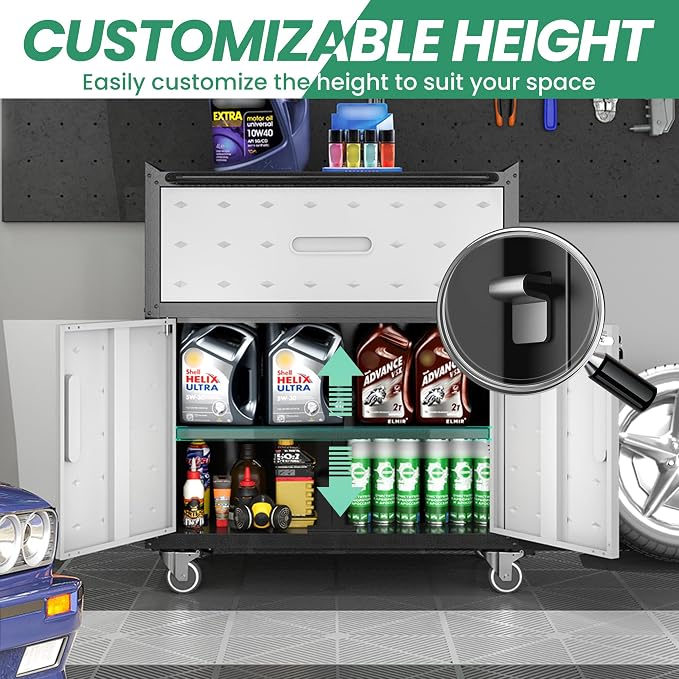 Garage Storage Cabinet System,Wall Cabinet & Locking Rolling Tool Cabinet with Doors and Adjustable Shelves