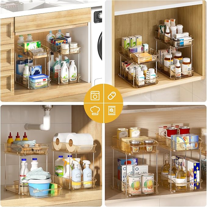 Delamu 2-Tier Under Sink Organizers and Storage, Multi-Purpose Stackable Bathroom Cabinet organizers, Pull Out Kitchen Pantry Organization and Storage with Dividers(3 Pack, Amber)