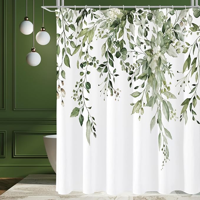 Olive Green Eucalyptus Shower Curtain, Floral Print, 72x78 | Watercolor Plant Leaves Floral Print, Long Waterproof Fabric Bathroom Decor, Machine Washable, Rustproof Grommets