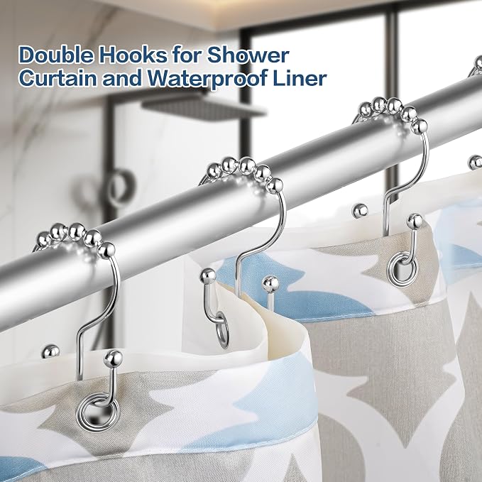 DAWNER Shower Curtain Hooks, Rust Proof Metal Easy Glide Double Rings, Stainless Steel Hangers for Bathroom Curtains, Set of 12, Polished Chrome