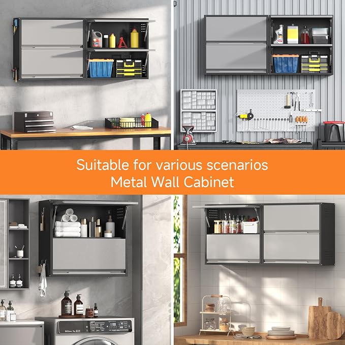 2 Door Garage Wall Cabinet with Up-Flip Door, 25.6" H Metal Wall Cabinet | Wall Mounted Metal Storage Cabinet for Garage,Basement,Ware House Assembly Required