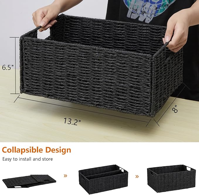 Wicker Storage Basket, Set of 2 Black Wicker Baskets for Bathroom | Hand-Woven Wicker Small Storage Baskets for Organizing Toilet Paper, Foldable Large Cube Storage Organizer Bin for Shelves