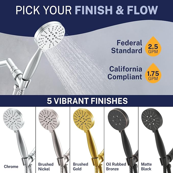 HammerHead Showers® Solid Metal 3-Spray Handheld Shower Head with Long Hose and Holder - CHROME - 2.5 GPM High Pressure Shower Head with Handheld Sprayer - WIDE, MASSAGE, and MIST Sprays