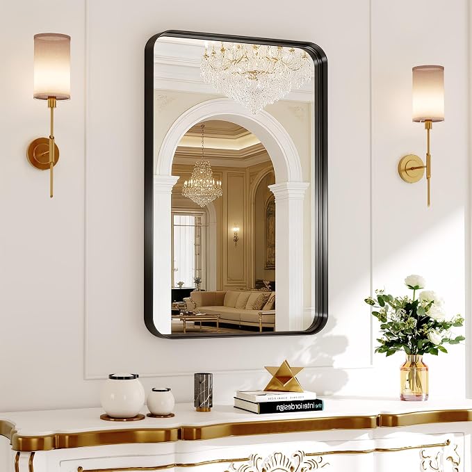 Bathroom Mirror for Wall, 30x20 Inch Rectangle Mirror,Matte Black Metal Framed Bathroom Vanity Mirror for Restroom Farmhouse, HD Tempered Glass,Anti-Rust Aluminum Alloy Mirror