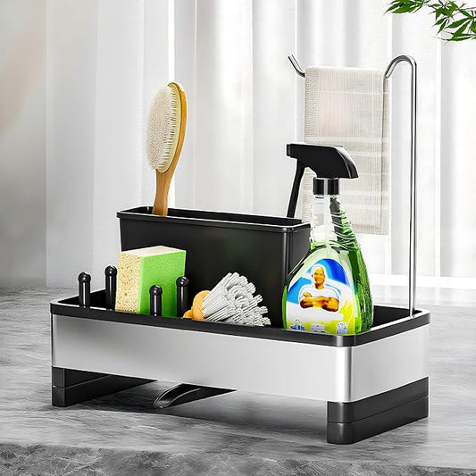 Ewaiira Sponge Holder for Kitchen Sink, Stainless Steel Sink Caddy | with Brush Holder & Dishcloth Rack, Countertop Sink Organizer, Soap Dispenser Kitchen Organizers Storage (D-Black 9.8″)