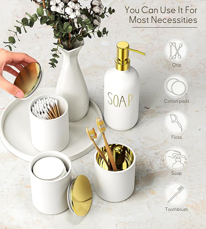 6Pcs White&Gold Bathroom Accessories Set with Tray, Bathroom Counter Sets | Perfect For Creating A Clean, Modern Bathroom Countertop In Apartments, Master Bathrooms, Guest Bathrooms And Airbnb Spaces.