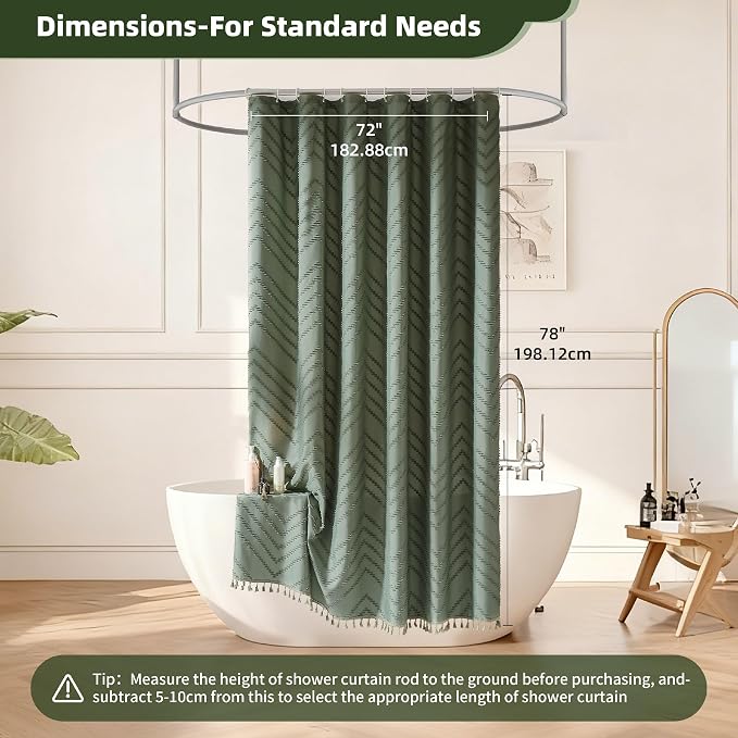 Siiluminisoy Boho Extra Long Sage Green Shower Curtain with Tassel, Woven Fabric, Tufted Chevron Striped, 72 x 78, Modern Chic Textured Minimalist