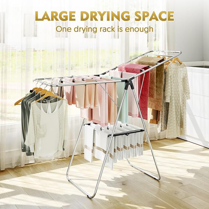 Large Stainless Steel Clothes Drying Rack | Drying Rack Clothing with Height-Adjustable, Foldable Gullwings Laundry Drying Rack, Indoor Outdoor Use, No Assembly, Black
