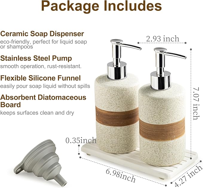 2 Pack Ceramic Soap Dispensers Set, Hand and Dish Soap Dispenser | Shampoo and Conditioner Dispenser Set, for Bathroom and Kitchen | with Stainless Steel Pump, Silicone Funnel and Tray, White