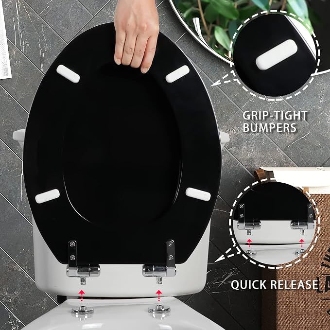 Angel Shield Toilet Seat with Zinc Alloy Hinges Quiet-Close Quick-Release Wood Molded UV Lid Easy Clean(Elongated,Black) | Soft Close Quick Release Metal Hinges, Adjustable Fit for Standard Elongated Toilets, Easy Install&Clean(Black)