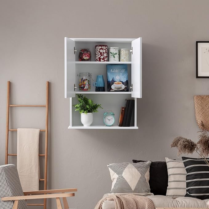 VANIRROR Bathroom Wall Medicine Cabinet with Soft-Close Buffering Hinges | Over Toilet Storage Cupboard Adjustable Shelves & Hidden Handles, 23"x29" White MDF Cabinet for Laundry Room, Kitchen