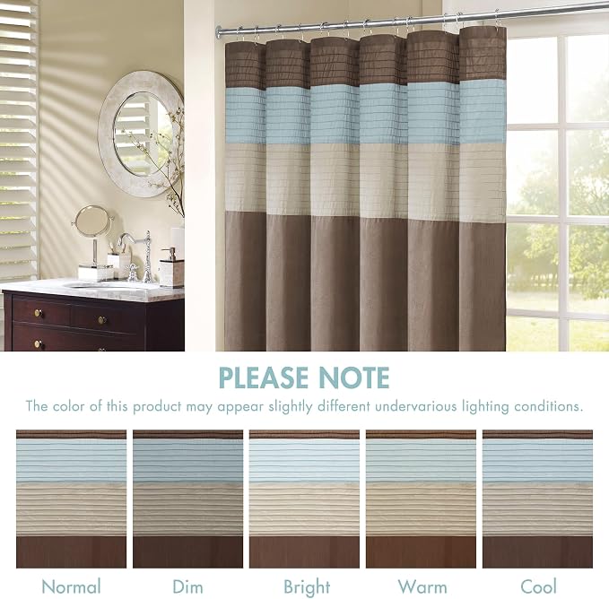 Madison Park Bathroom Shower Curtain, 72 x 84 Extra Long, Faux Silk, Blue | Modern Classic, Light Sheen, Pieced, Striped, Microfiber, Machine Washable, OEKO-TEX Certified, Amherst