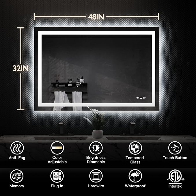 ISKM 48x32 LED Mirror for Bathroom, Front and Back Lit, Anti-Fog, Dimmable | Memory Function,ETL,3 Color Temps 3000K-6000K,IP65 Waterproof ,Tempered Glass, Plug in or Hardwired, for Makeup & Shaving