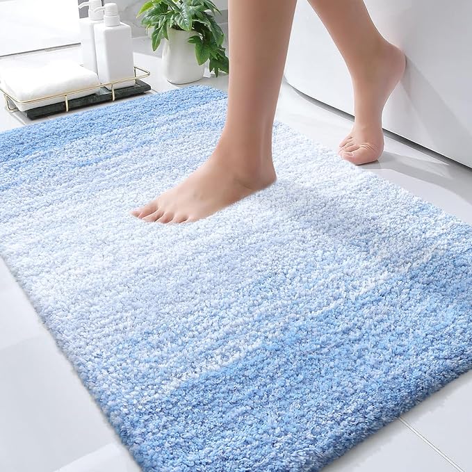 OLANLY Small Bathroom Rugs 35x16, Extra Soft Absorbent Microfiber Bath Rugs | Light Blue, Non-Slip Quick-Drying Rubber Backing, Washable Plush Bath Mat for Floor, Tub and Shower, Home Decor Accessories