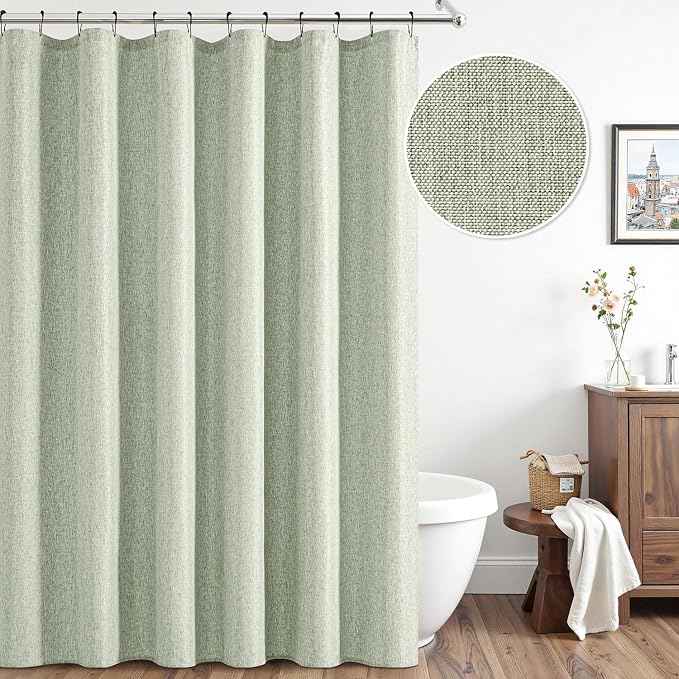 ANRODUO Sage Green Extra Long Linen Fabric Shower Curtain Set - W72xL108 | Farmhouse Shower Curtain with 12 Metal Hooks, Waterproof Heavy Duty, Button Hole Design, Machine Washable for Bathroom