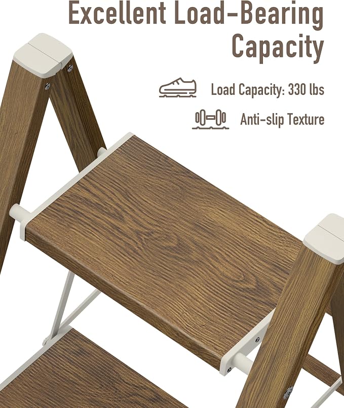 Mayi Plus 2 Step Stool Foldable, Aluminum, Lightweight Step Ladder | Extra-wide anti-slip folding steps with 330 lbs, for home,kitchen,office,outdoor,Cherry woodgrain