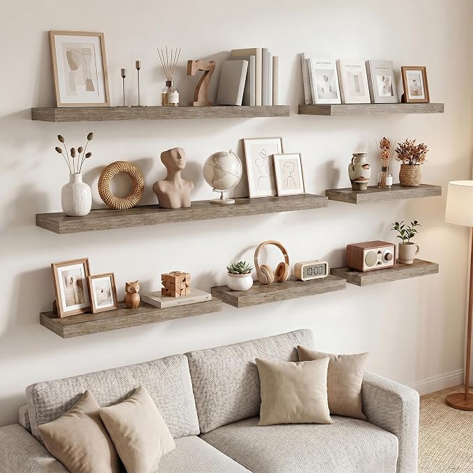 72in Floating Shelves for Wall, 72"W x 9.25"D x 1.5"H, Grey, 2Pcs | Long Wall Mounted Engineered Wood Shelves with Invisible Brackets for Living Room, Bedroom, Bathroom, Kitchen, 9.25in Depth