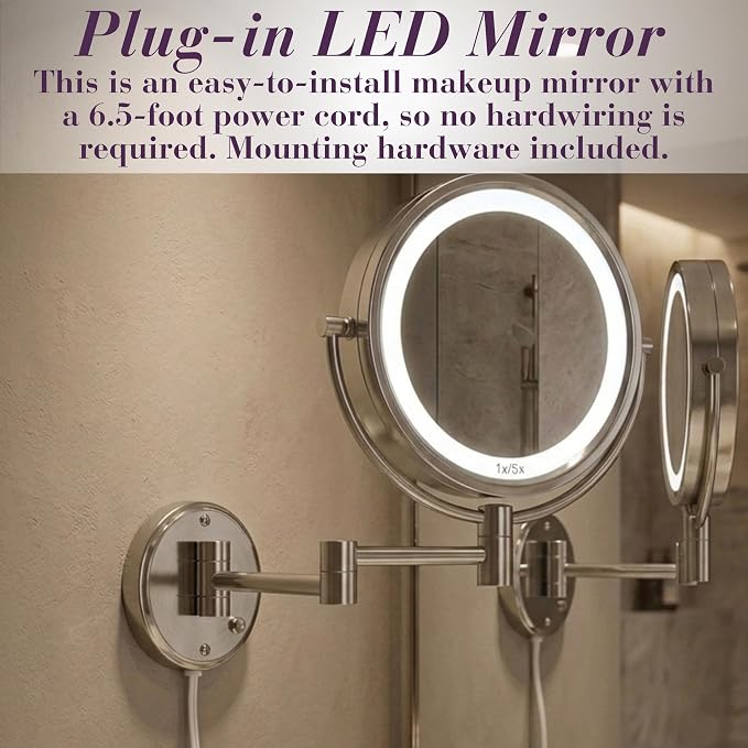 JERDON Lighted Wall-Mount Makeup Mirror - 8X - Nickel - HL88NL | 8.5" Round Frame, 13.5" Wall Arm, LED Lighting, Corded Plug-In Power